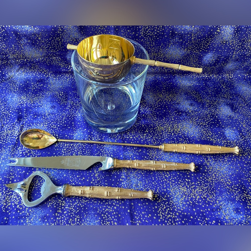 Rare NAPIER Hollywood Regency Gold Bamboo Bar Set, circa 1940’s